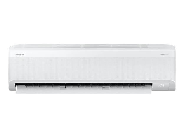 OBtech Samsung WindFree 18,000 BTU wall-mount air conditioner in white with a sleek, modern design.