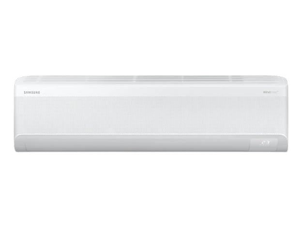 OBtech Samsung WindFree 18,000 BTU wall-mount air conditioner in white with a sleek, modern design.