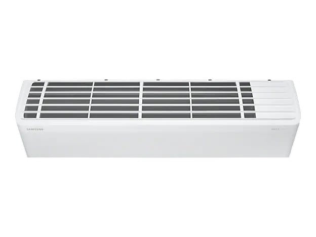 OBtech Samsung WindFree 18,000 BTU wall-mount air conditioner unit in white with a sleek, modern design.