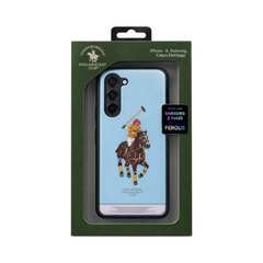 OBtech Santa Barbara Polo & Racquet Club leather case for Samsung Z Fold 5 in light blue with polo player graphic