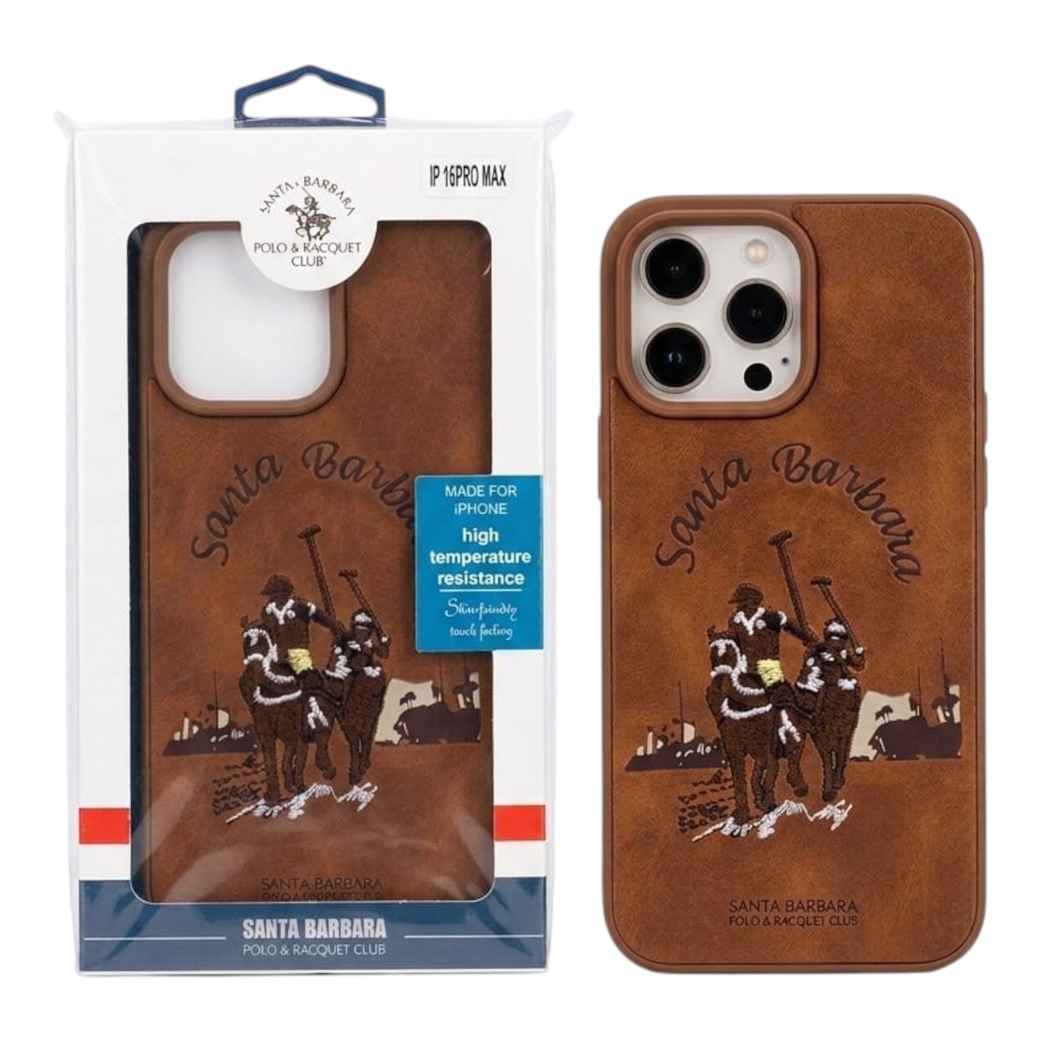 OBtech Santa Barbara Polo & Racquet Club brown leather iPhone case with embroidered polo player design in packaging