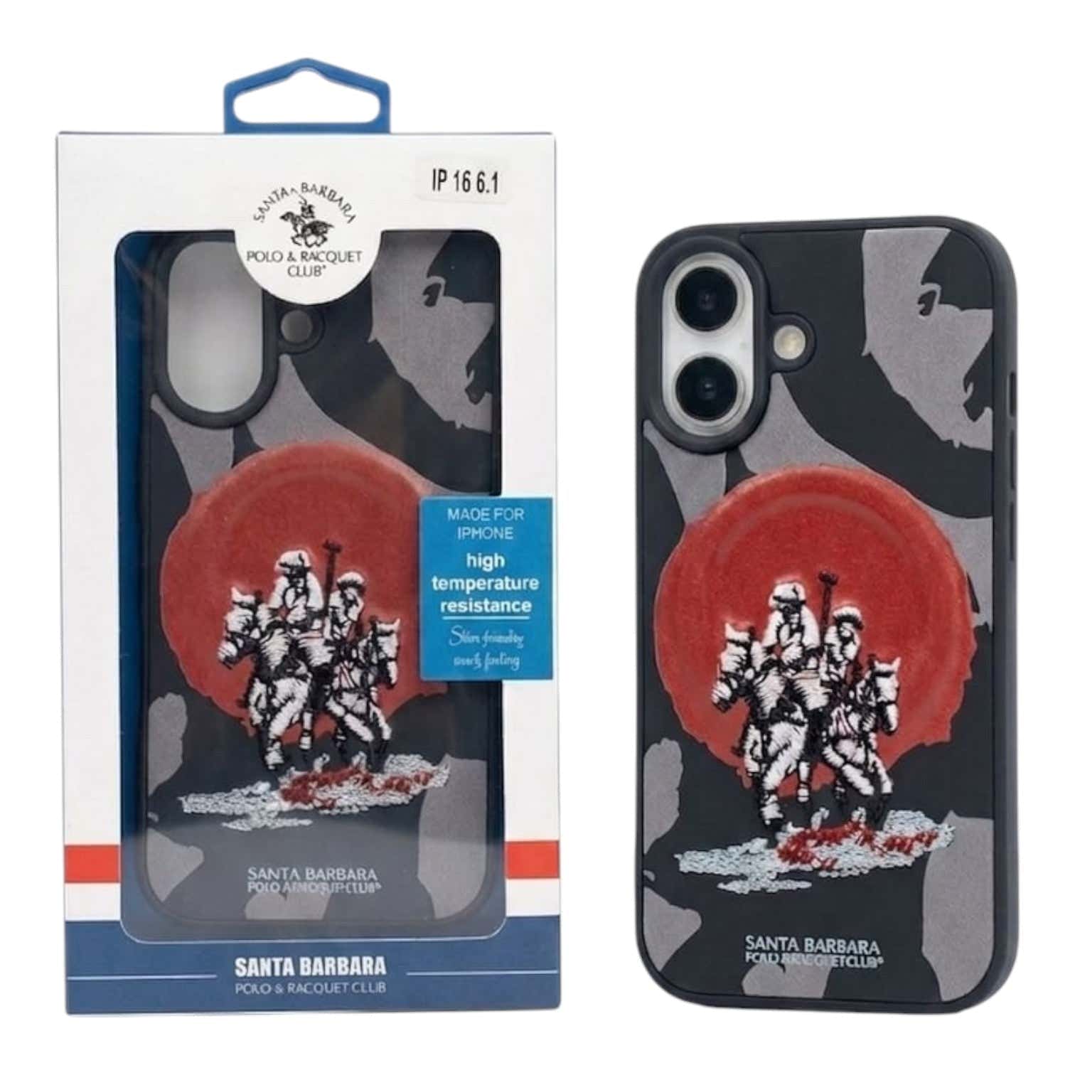 OBtech Santa Barbara Polo & Racquet Club leather-textured iPhone case with a polo player graphic and red sun design.