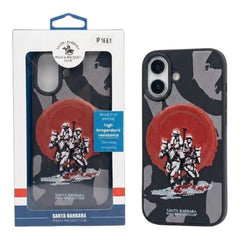 OBtech Santa Barbara Polo & Racquet Club leather-textured iPhone case with a polo player graphic and red sun design.