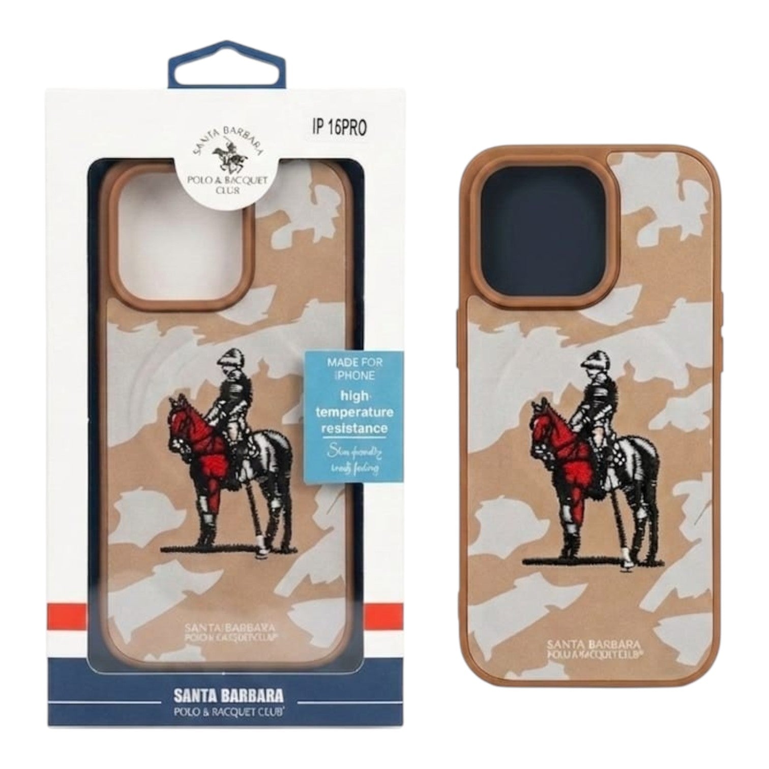 OBtech Santa Barbara Polo & Racquet Club leather-textured iPhone case featuring a horse and rider graphic