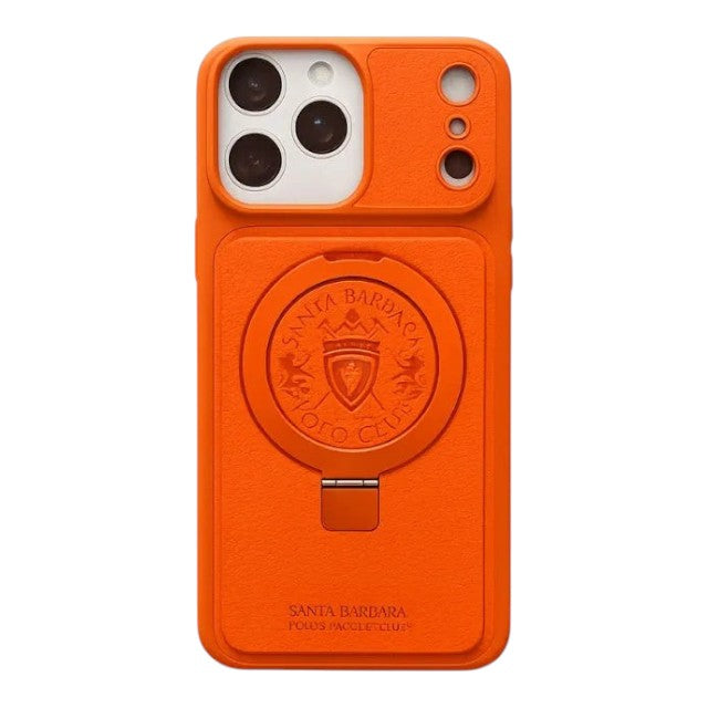 OBtech Santa Barbara Polo & Racquet Club orange iPhone case with integrated kickstand and embossed logo