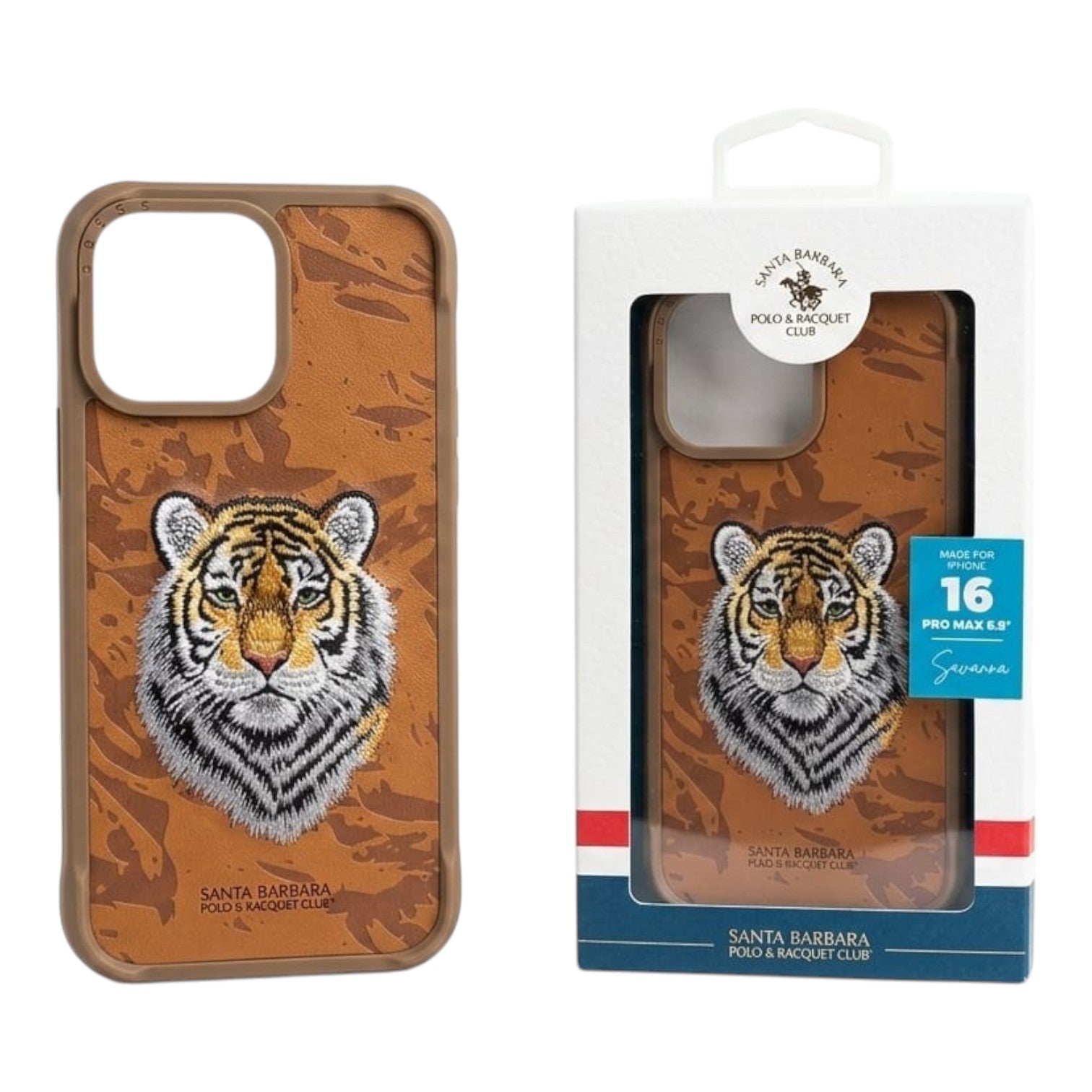 OBtech Santa Barbara Polo & Racquet Club leather iPhone 16 case featuring an embroidered tiger head design