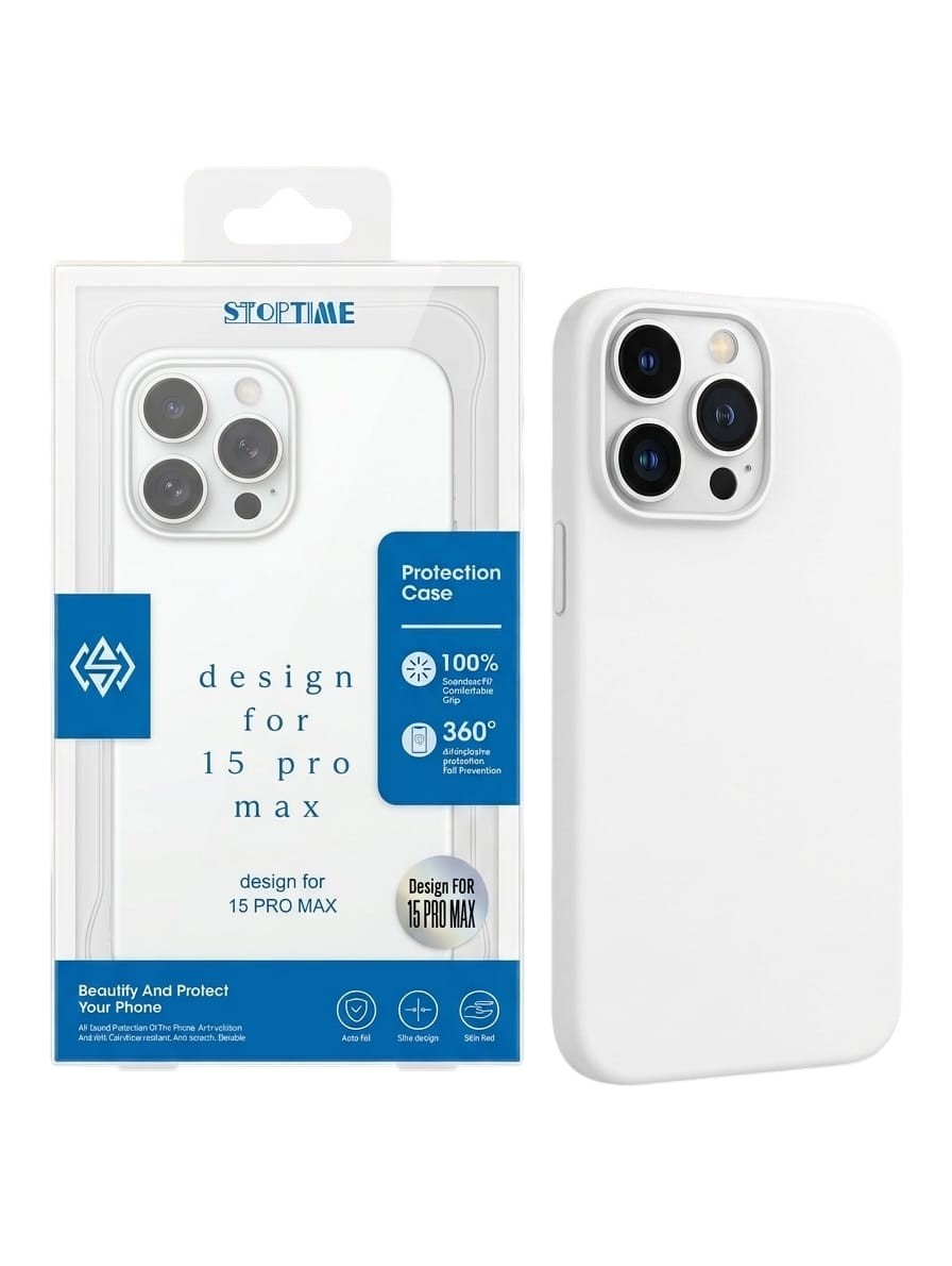 OBtech Stop Time semi-transparent white iPhone 15 Pro Max protective case next to its retail packaging box.
