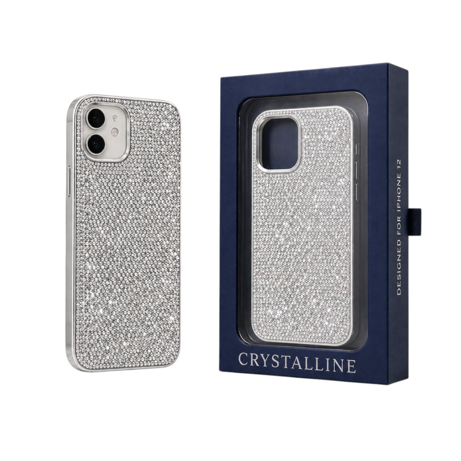 OBtech silver glitter iPhone 12 case with sparkling rhinestone finish and matching blue retail packaging box