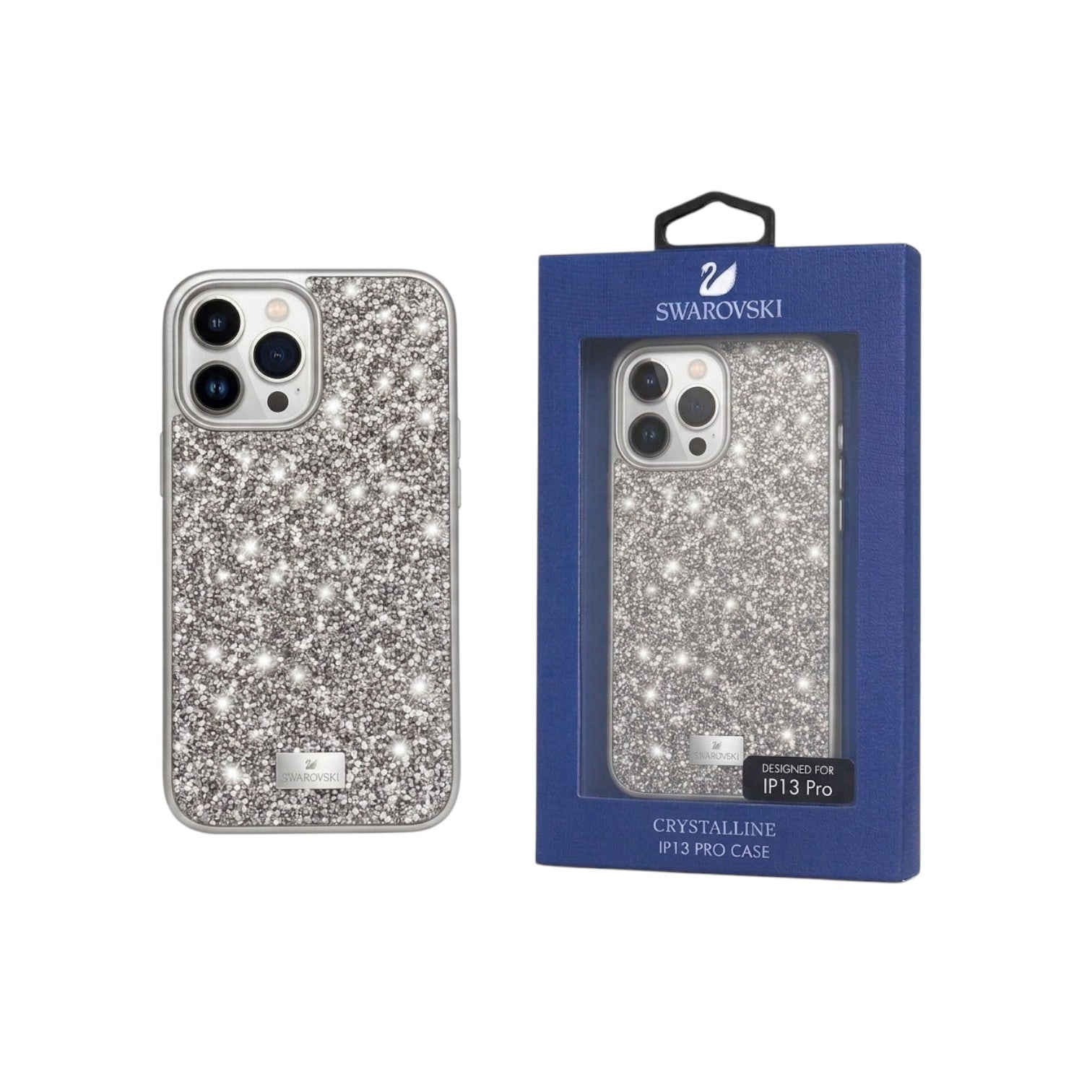 OBtech silver glitter iPhone case with Swarovski branding and matching retail packaging for iPhone 13 Pro