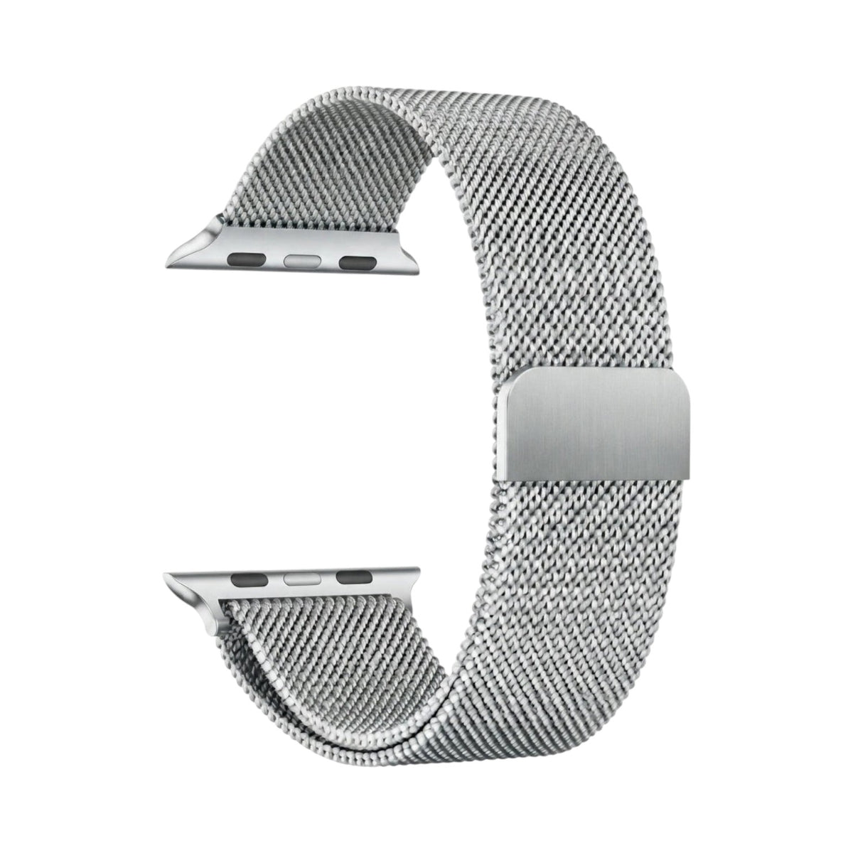 OBtech silver stainless steel Milanese mesh magnetic chain strap for smartwatches with a secure adjustable clasp.