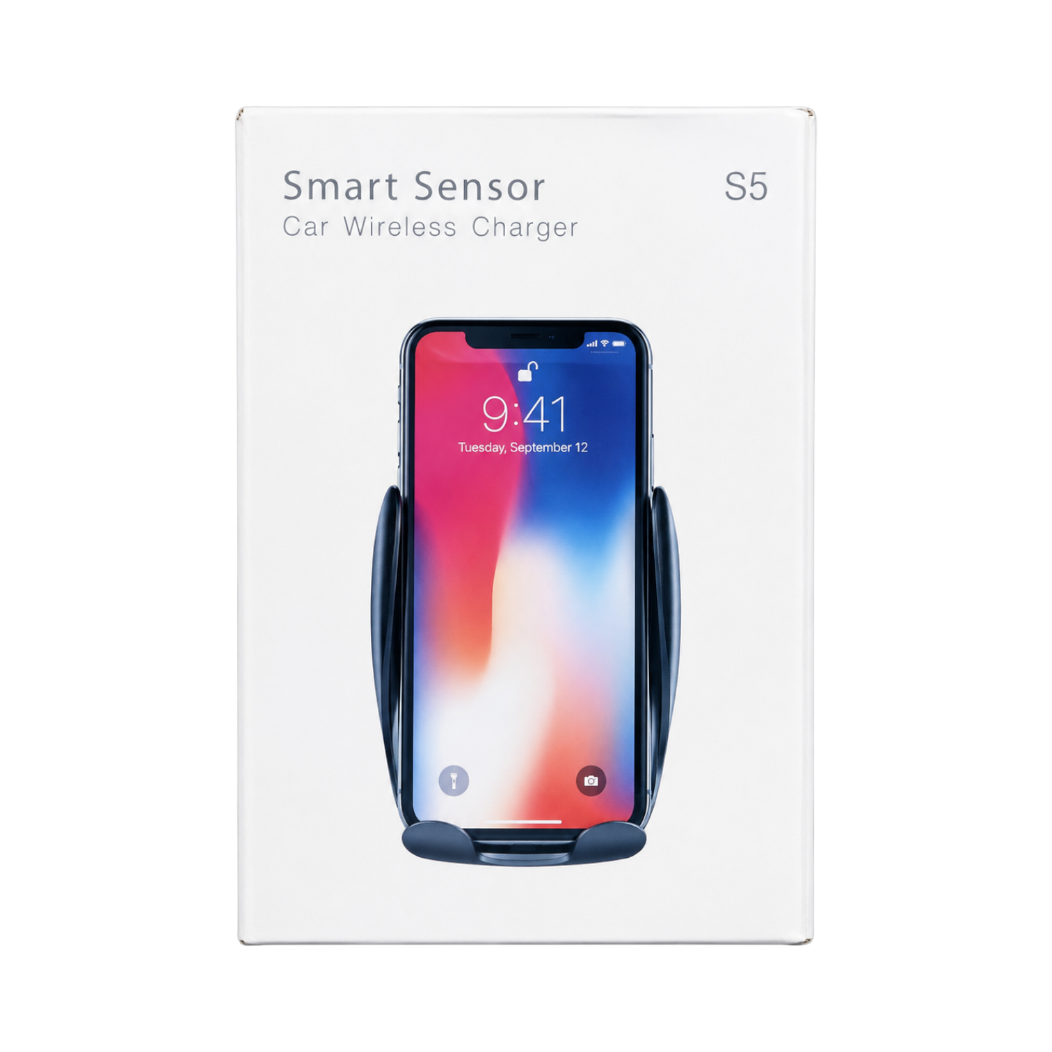 OBtech Smart Sensor S5 car wireless charger in its white retail packaging with a smartphone mounted inside