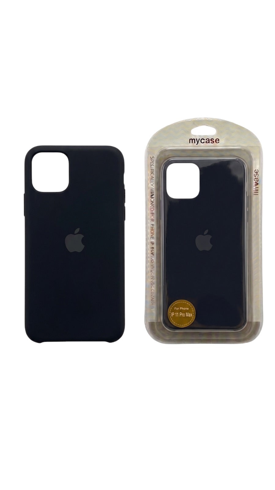 OBtech smooth black plastic iPhone case with Apple logo, shown outside and inside its retail packaging.