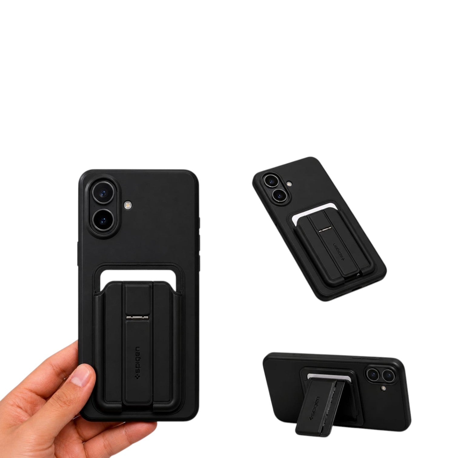OBtech Spigen iPhone cover in black with a built-in foldable kickstand held in a hand for hands-free viewing
