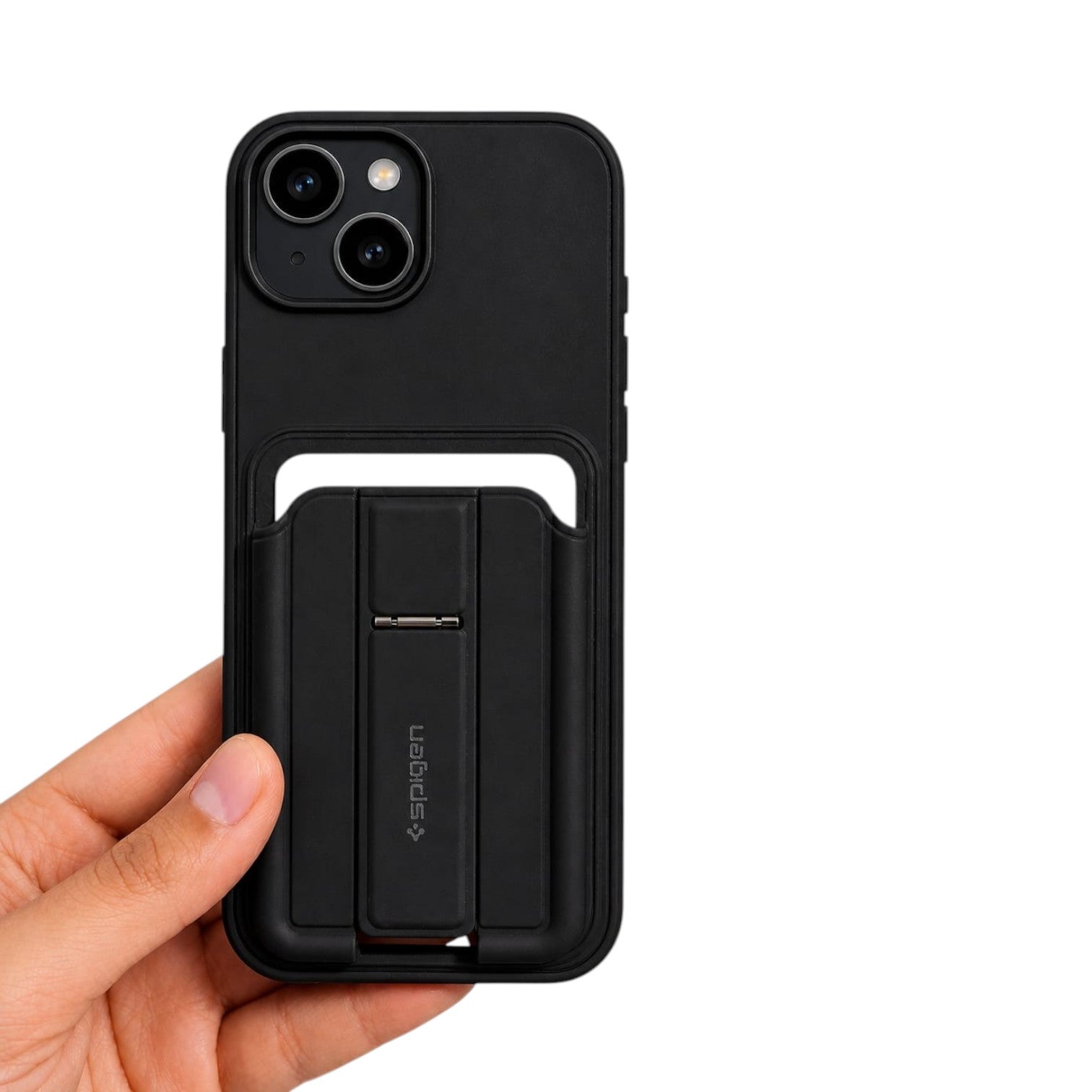 OBtech Spigen iPhone case in matte black with a built-in foldable kickstand held in a hand