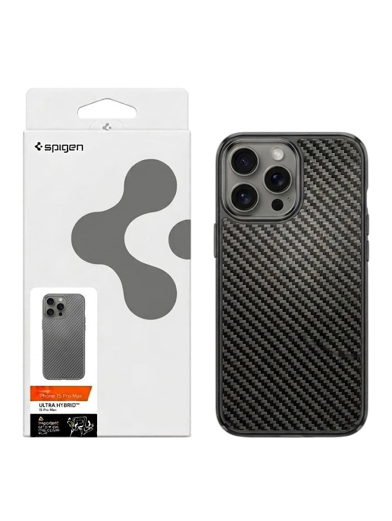 OBtech Spigen Mag Armor iPhone case with a carbon fiber texture and its retail packaging box.
