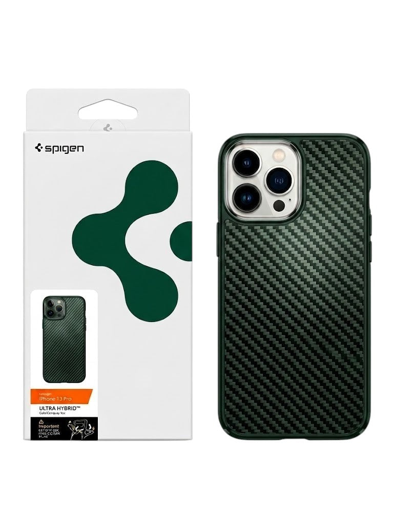 OBtech Spigen Mag Armor iPhone case in dark green with a carbon fiber texture and its retail packaging.