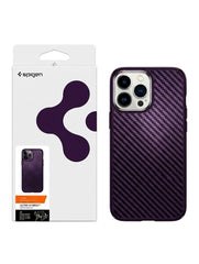 OBtech Spigen Mag Armor iPhone case in dark purple with a carbon fiber texture pattern and retail packaging.