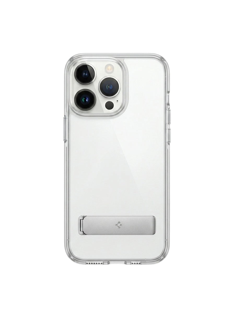 OBtech Spigen transparent plastic phone case with a built-in silver kickstand on a smartphone back view