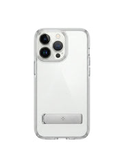 OBtech Spigen transparent plastic phone case with a built-in silver kickstand on a smartphone back view
