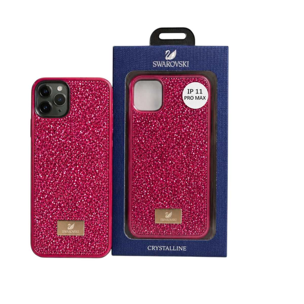 OBtech Swarovski Crystalline iPhone 11 Pro Max case in vibrant pink with a shimmering crystal-encrusted finish.