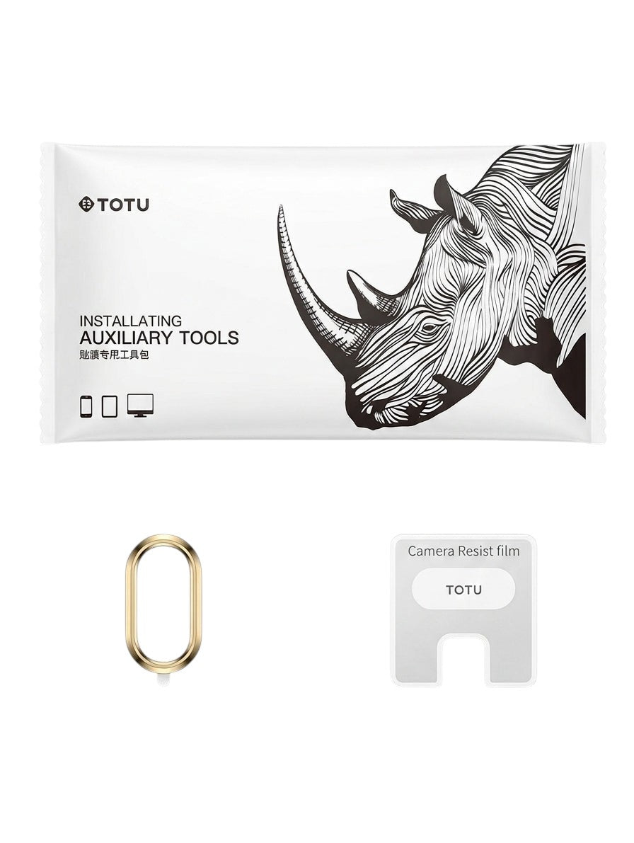 OBtech Totu camera protection set for iPhone XS and XS Max featuring a gold lens ring and tempered glass film