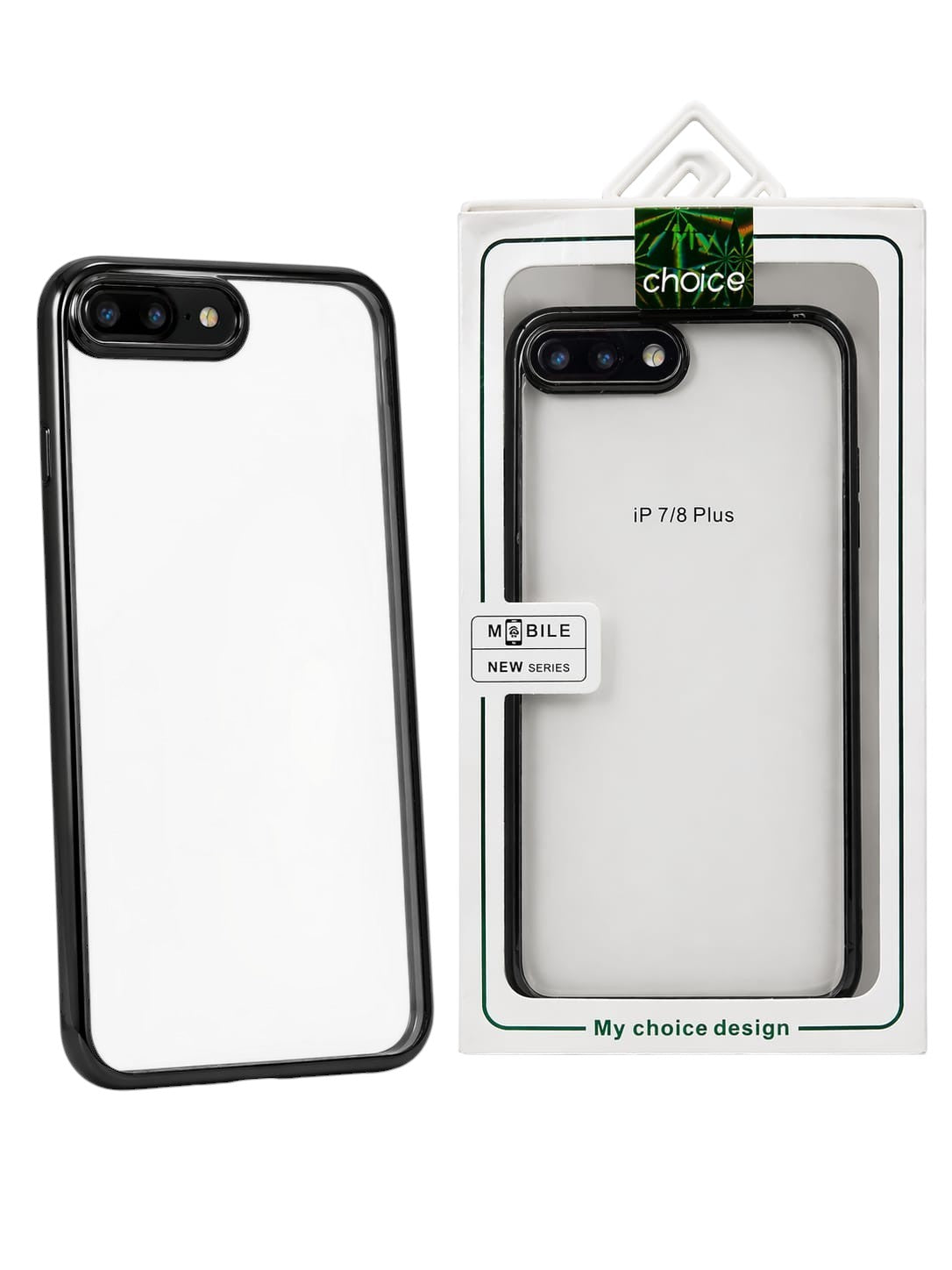 OBtech transparent iPhone case with a black border, shown next to its retail packaging for iPhone 7 and 8 Plus.