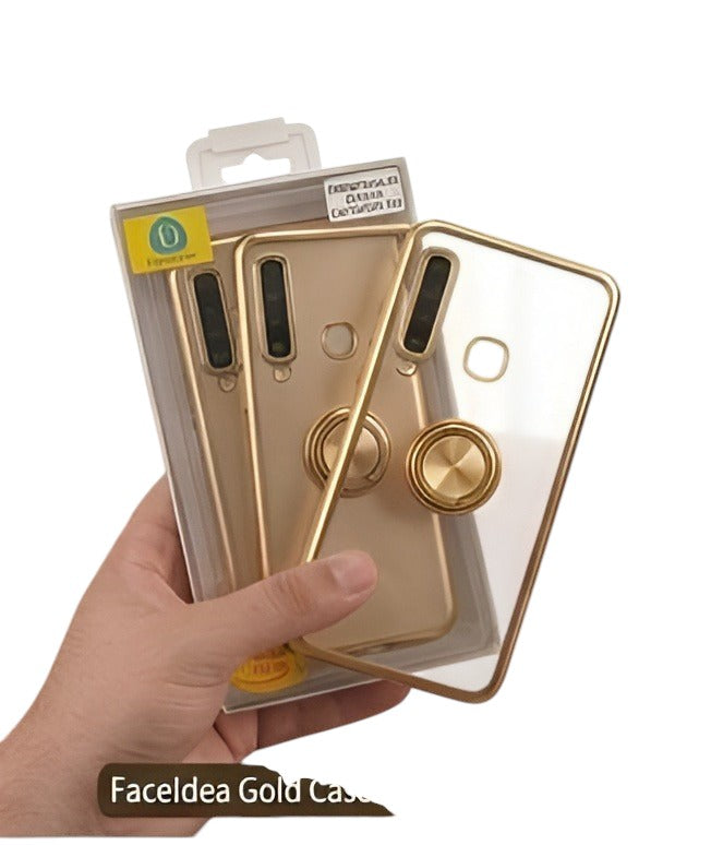 OBtech transparent phone case with gold magnetic ring and gold frame held in hand