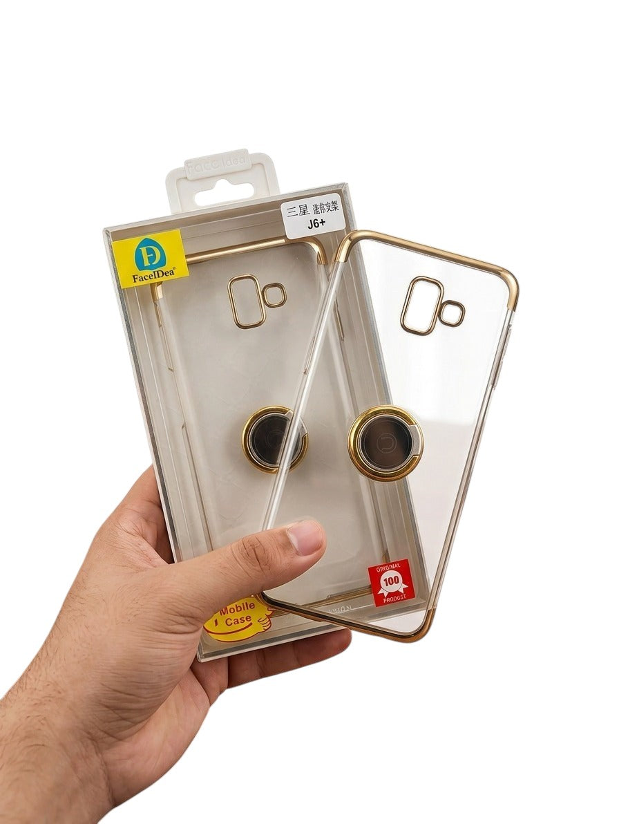 OBtech transparent phone case with gold trim and integrated ring stand for Samsung J6 Plus in retail packaging