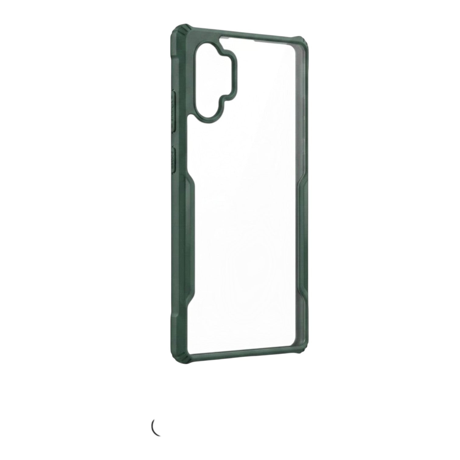 OBtech transparent smartphone case with a dark green shock-absorbing TPU border and precise port cutouts.