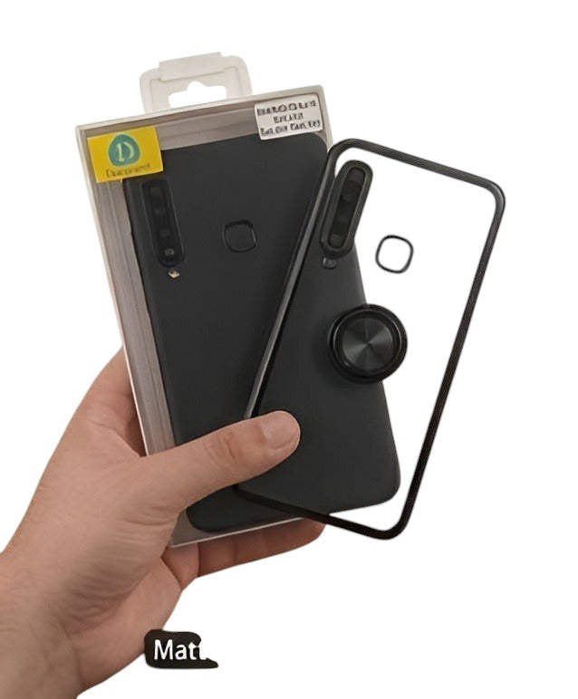 OBtech transparent phone case with integrated magnetic ring and black frame, shown with packaging on a desk.