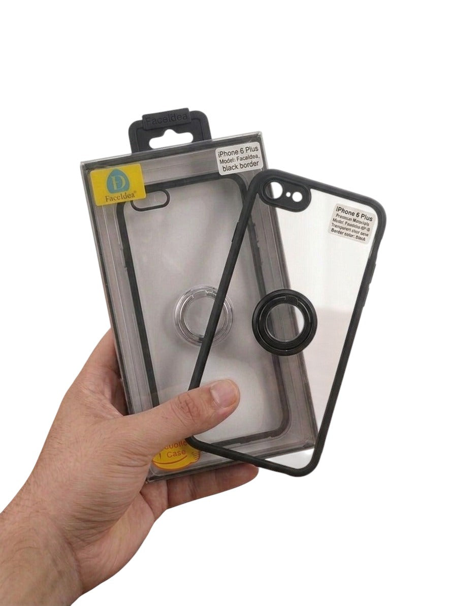 OBtech transparent phone case with black border and magnetic ring for iPhone 6 Plus held in hand with retail packaging