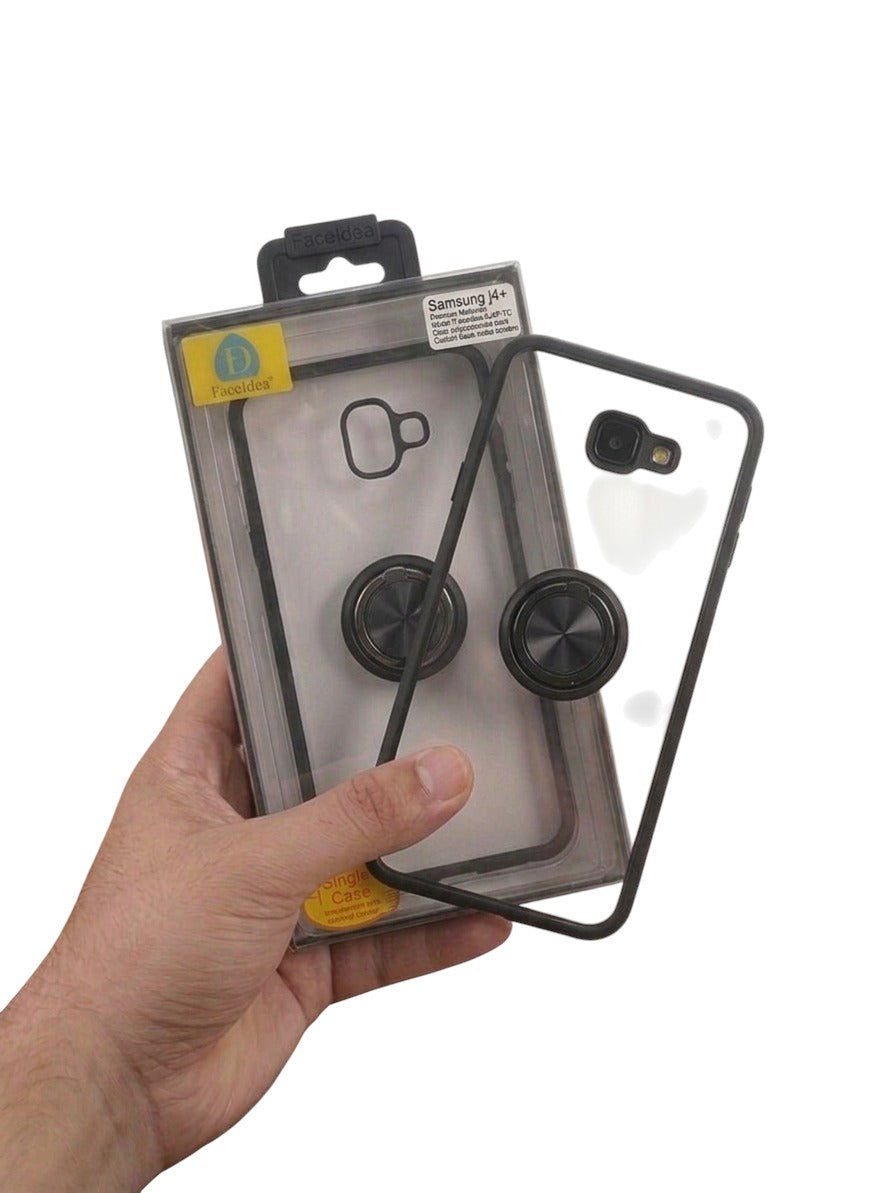 OBtech transparent phone case with black frame and integrated magnetic ring holder held in hand