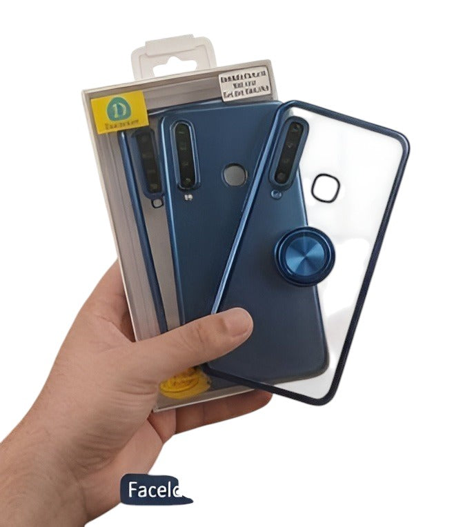 OBtech transparent phone case with blue frame and integrated magnetic ring held in hand, featuring protective packaging.