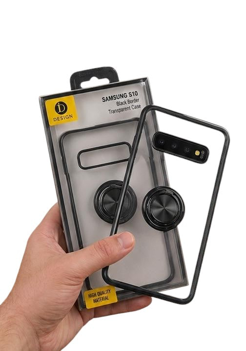 OBtech transparent phone case with black border and integrated magnetic ring held in hand with retail packaging
