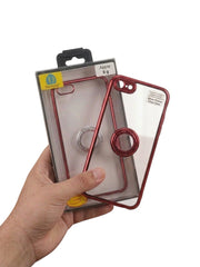 OBtech transparent smartphone case with a metallic red frame and integrated magnetic ring held in a hand.