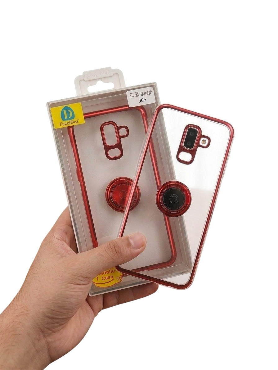 OBtech transparent phone case with a red frame and integrated magnetic ring for Samsung J6 Plus in retail packaging.