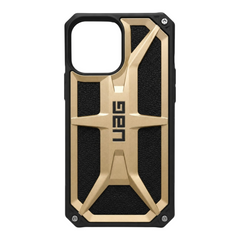 OBtech UAG Monarch protective iPhone 13 Pro Max case in black and metallic gold with rugged textured back panel