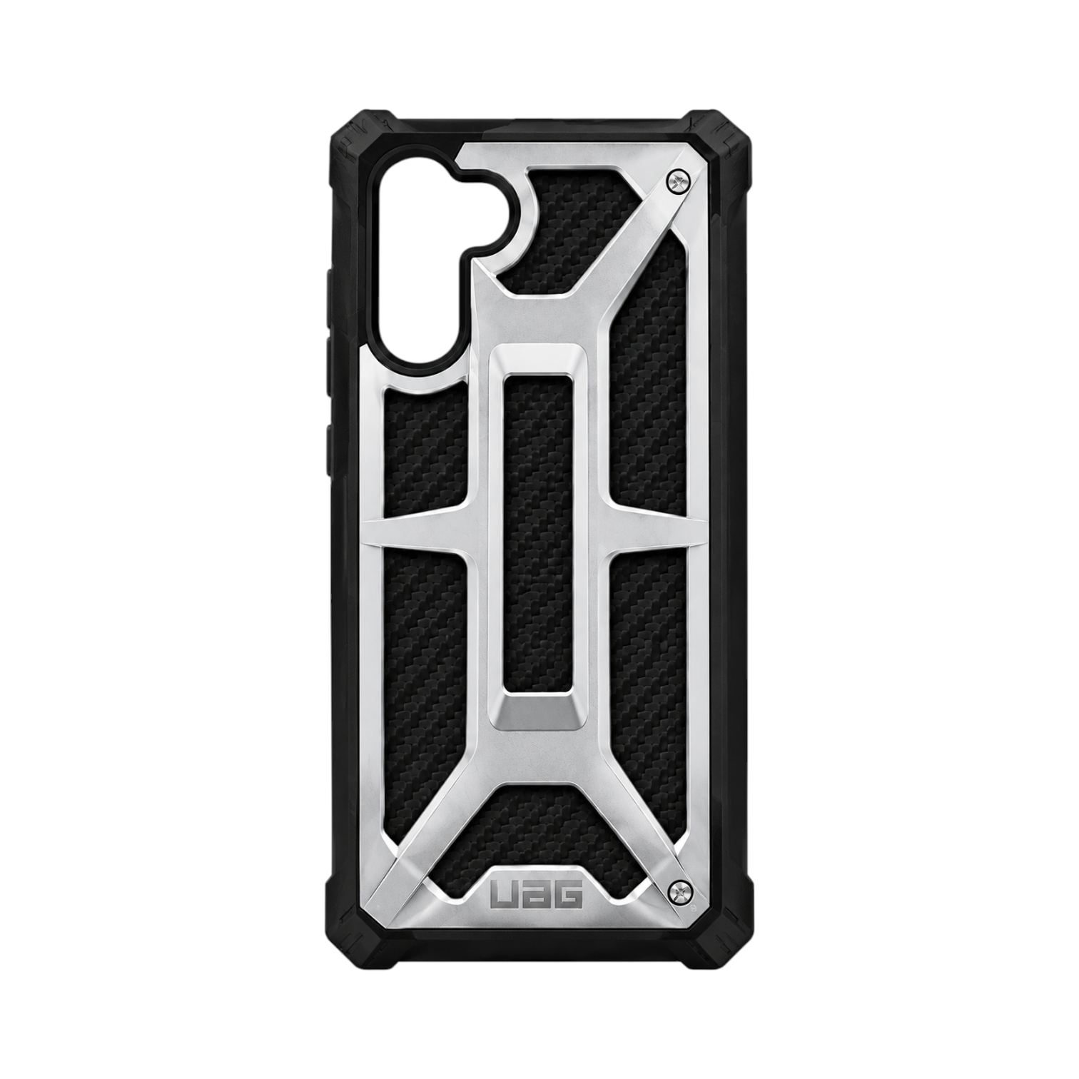 OBtech UAG Monarch rugged protective case for Samsung Galaxy Note 10 with black carbon fiber and silver metal frame