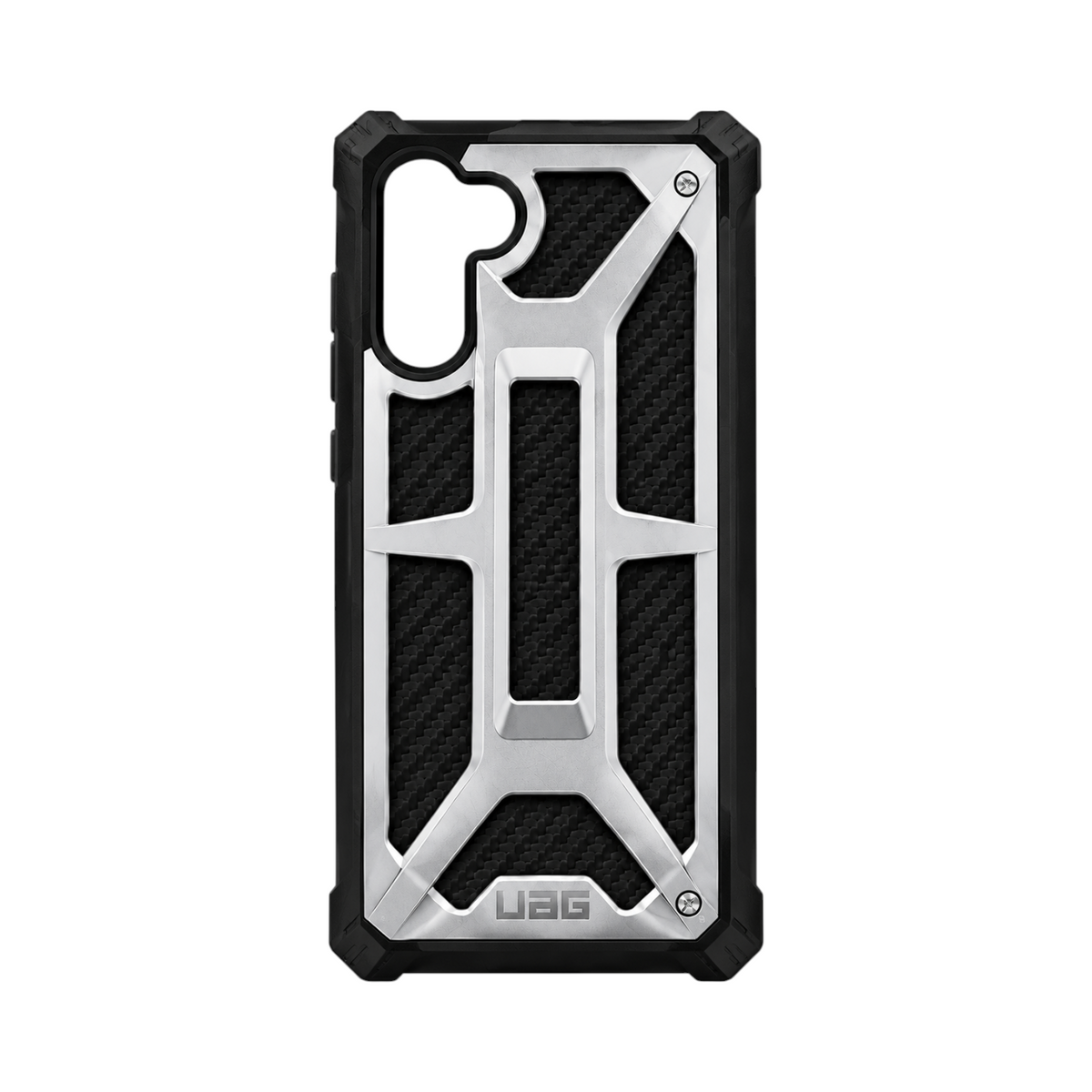 OBtech UAG Monarch rugged protective case for Samsung Galaxy Note 10 with black carbon fiber and silver metal frame
