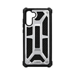 OBtech UAG Monarch rugged protective case for Samsung Galaxy Note 10 with black carbon fiber and silver metal frame