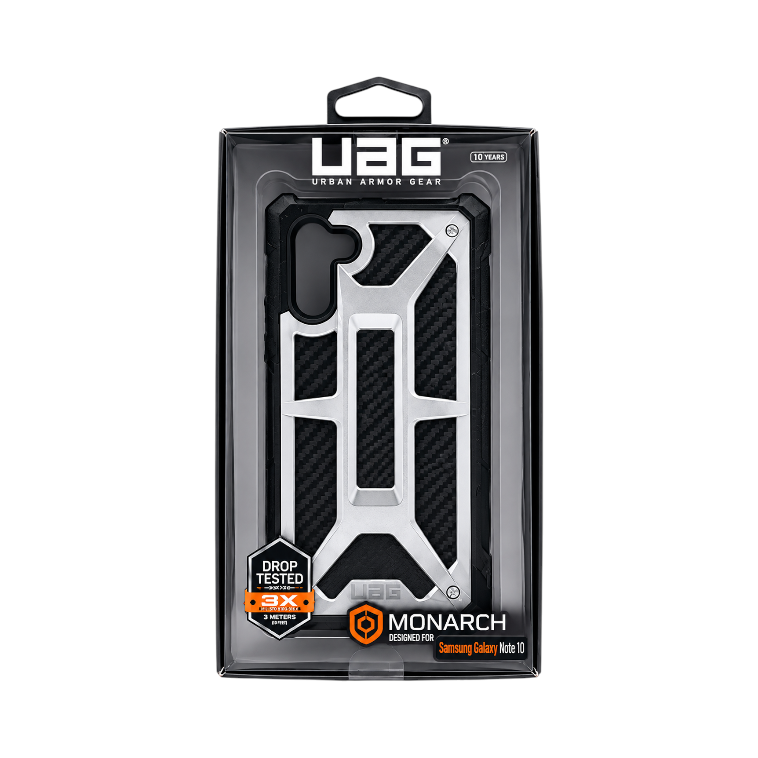 OBtech UAG Monarch rugged protective case for Samsung Galaxy Note 10 in black and silver carbon fiber style