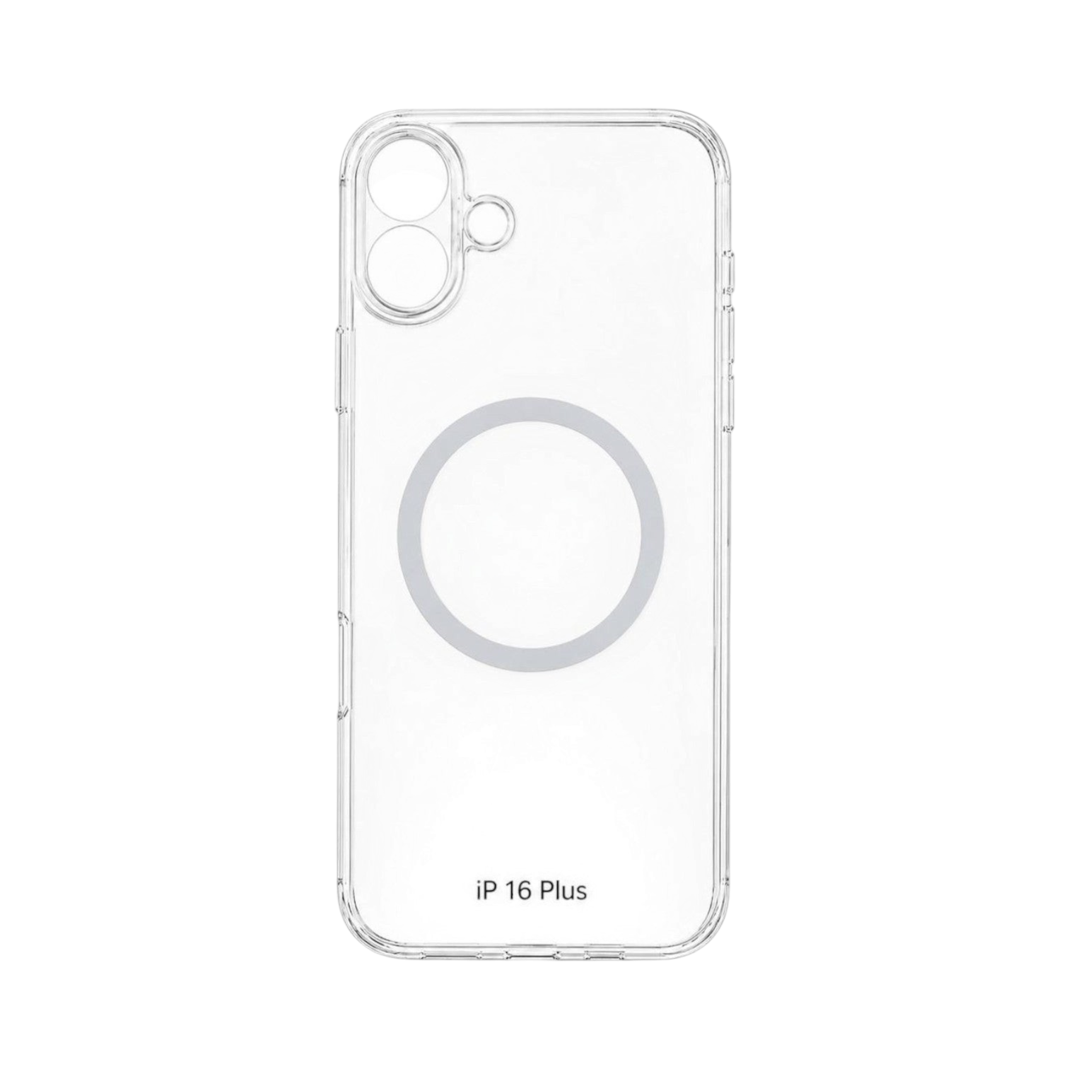 OBtech UAG transparent plastic phone case for iPhone 16 Plus with a magnetic charging ring on the back.