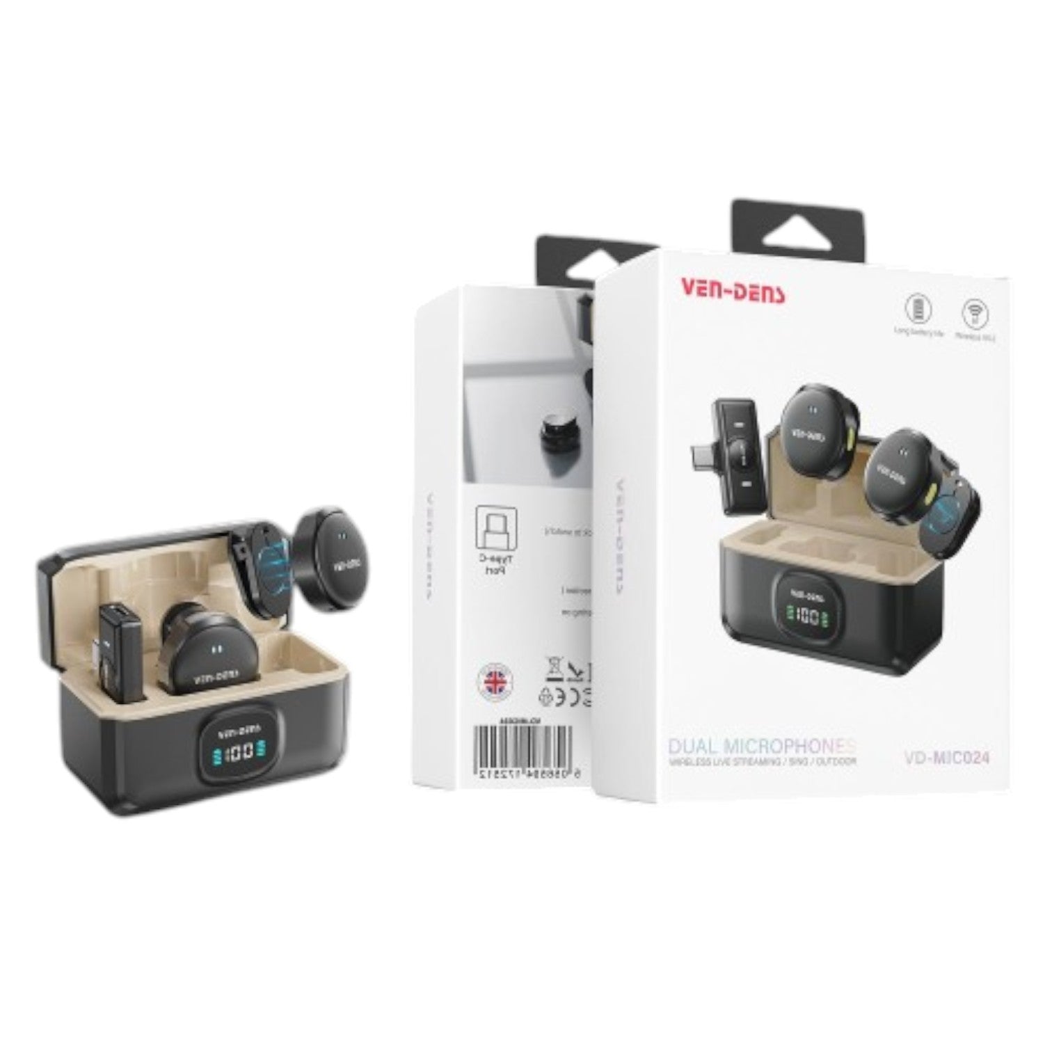 OBtech Ven-Dens VD-MIC030 dual wireless microphone system with charging case and retail packaging for content creators.