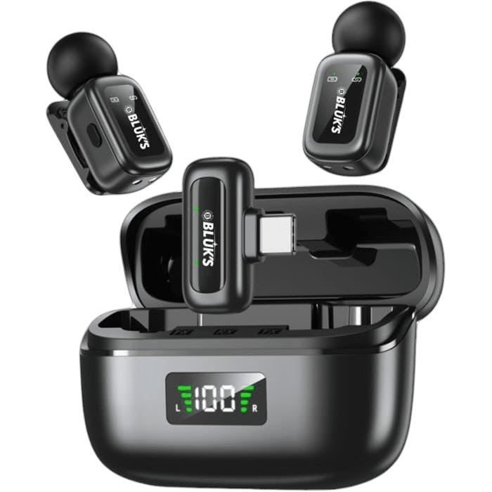 OBtech Ven-Dens VD-MIC026 dual wireless microphone set with black charging case and digital battery display
