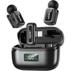 OBtech Ven-Dens VD-MIC026 dual wireless microphone set with black charging case and digital battery display