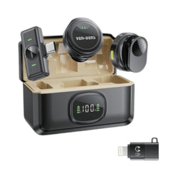 OBtech Ven-Dens VD-MIC030 dual wireless microphone system with charging case, digital display, and plug-in receivers.