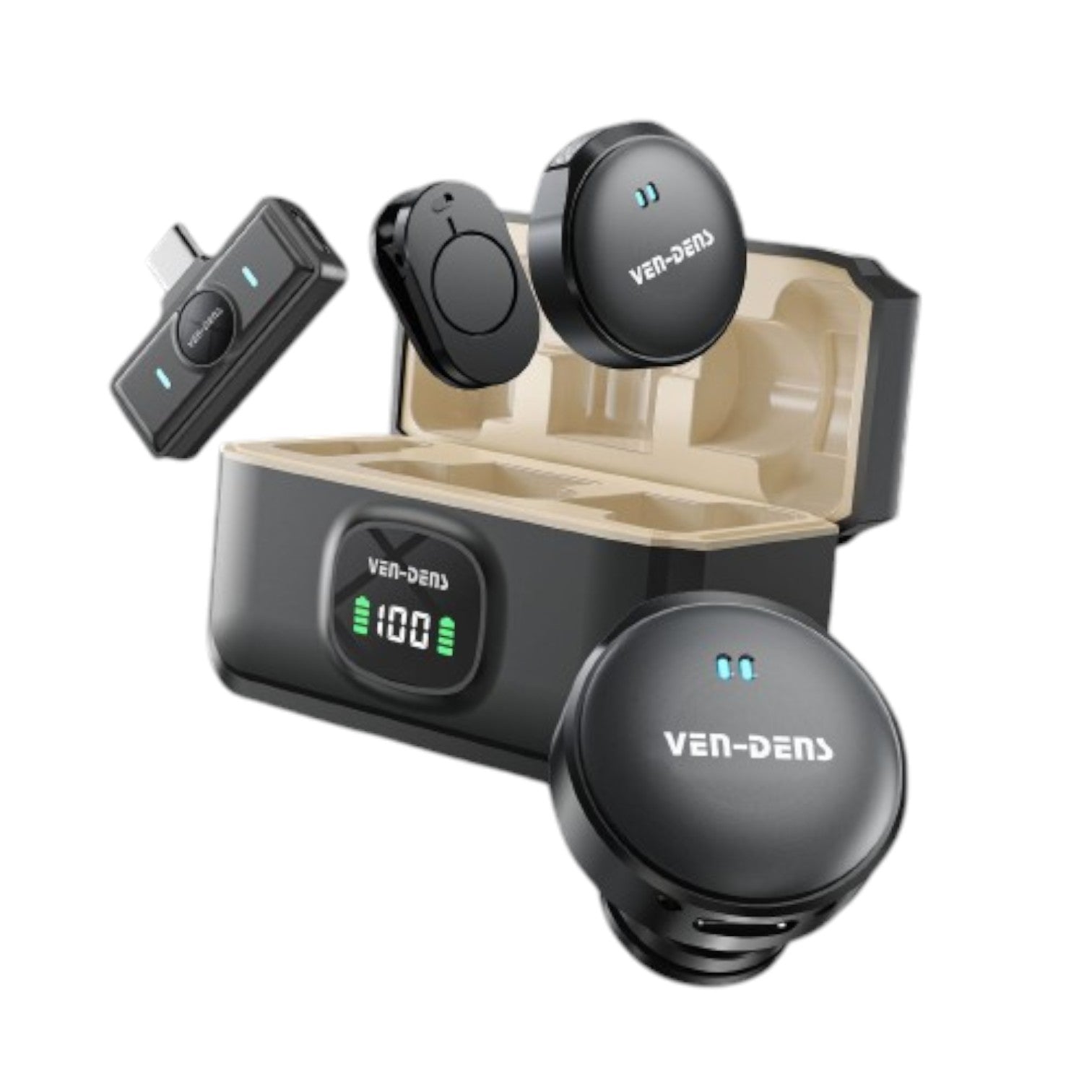 OBtech Ven-Dens VD-MIC030 dual wireless microphone system with charging case and USB-C receiver in black