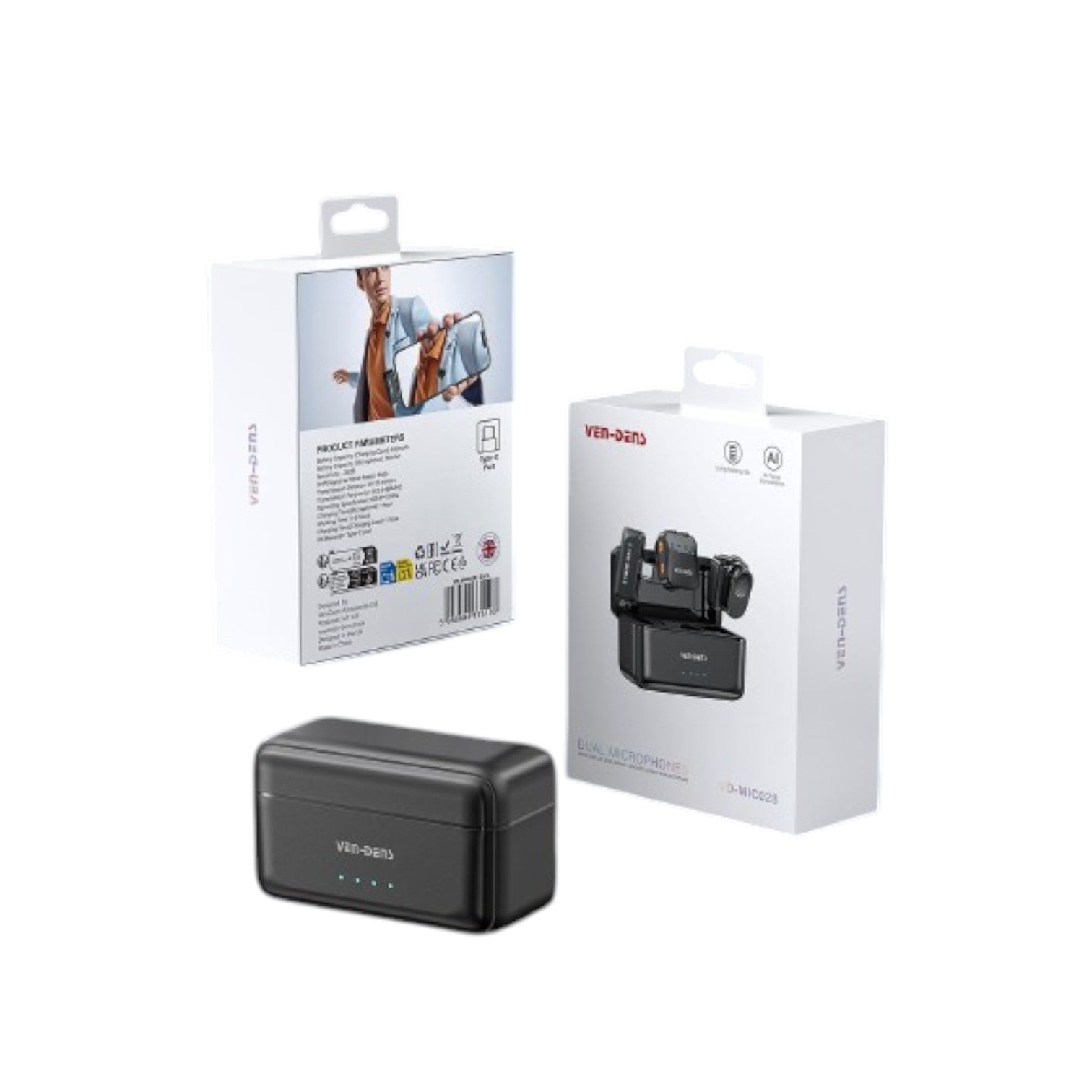 OBtech Ven-Dens VD-MIC028 dual wireless microphone system with charging case and retail packaging boxes