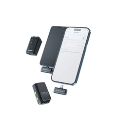 OBtech Ven-Dens VD-MIC017 dual wireless microphone system with two black transmitters and a smartphone receiver