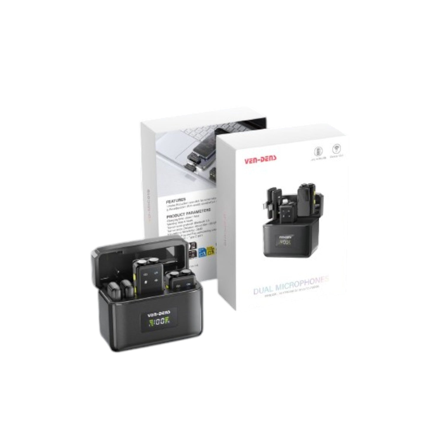 OBtech Ven-Dens VD-MIC017 dual wireless microphone system with charging case and product packaging box